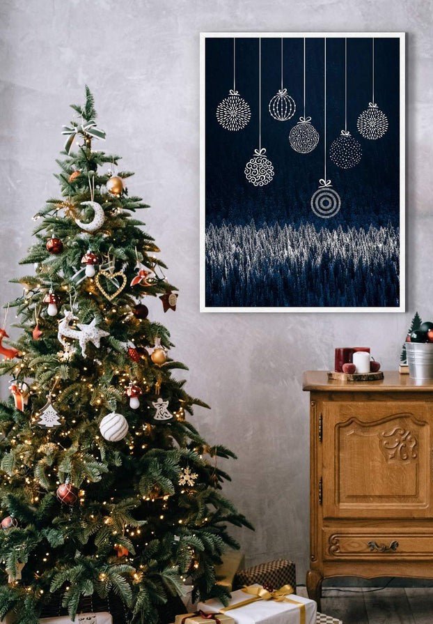 Navy Illustrated Baubles Christmas Print