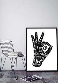 OK Fingers Typography Black And White Print