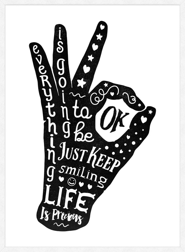 OK Fingers Typography Black And White Print