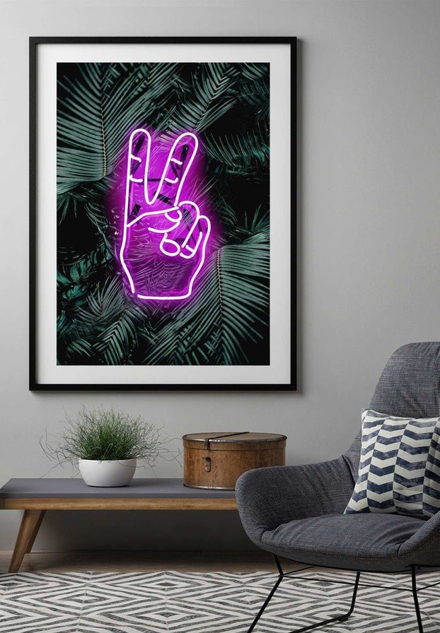 Peace Fingers Neon Tropical Art Print