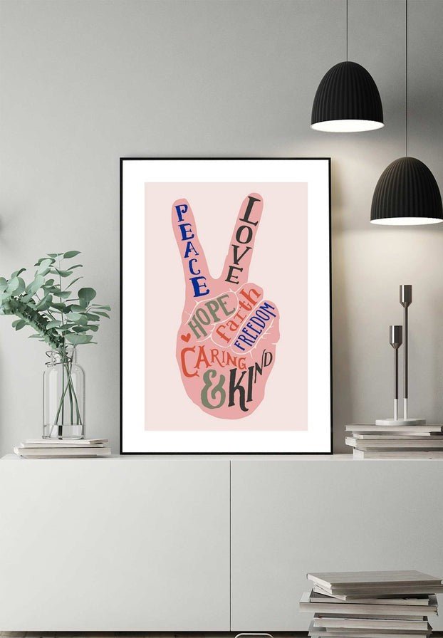 Peace Fingers Typography Block Colour Print