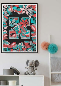 Single Pattern Leafy Letter Personalised Initial Teal Print