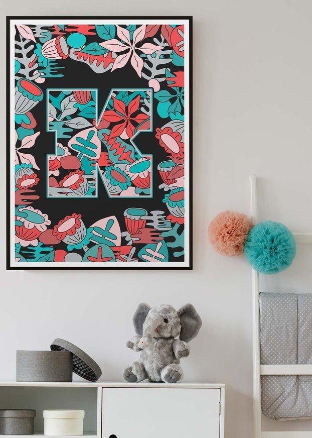Single Pattern Leafy Letter Personalised Initial Teal Print