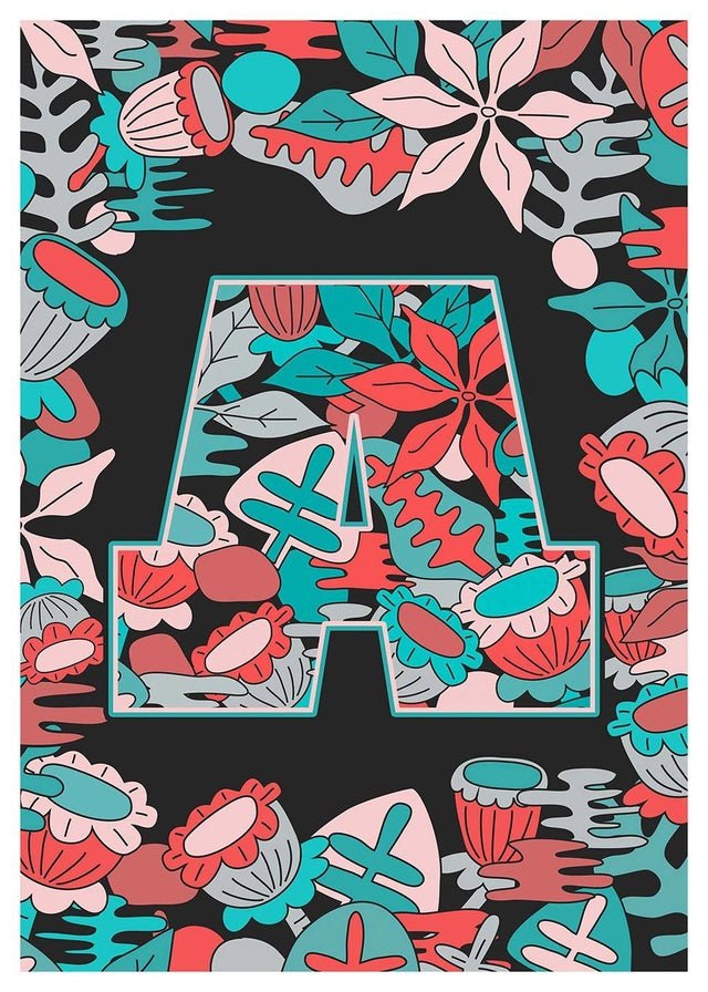 Single Pattern Leafy Letter Personalised Initial Teal Print