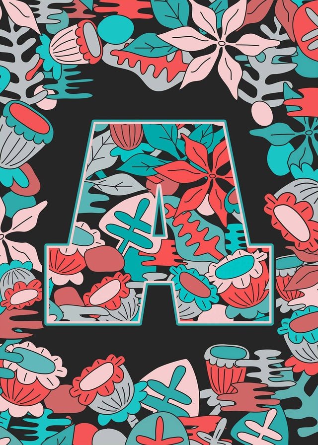 Single Pattern Leafy Letter Personalised Initial Teal Print