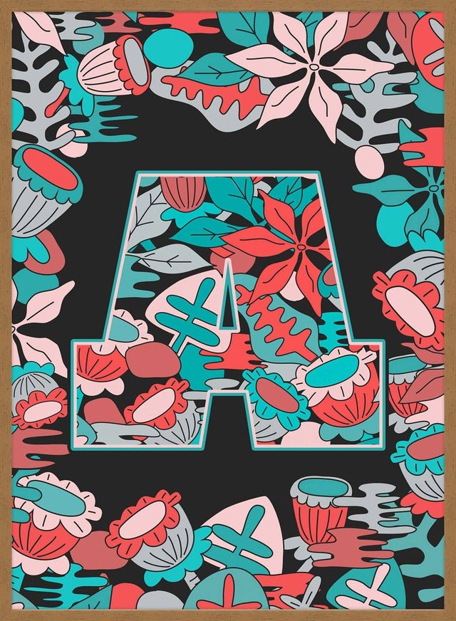 Single Pattern Leafy Letter Personalised Initial Teal Print
