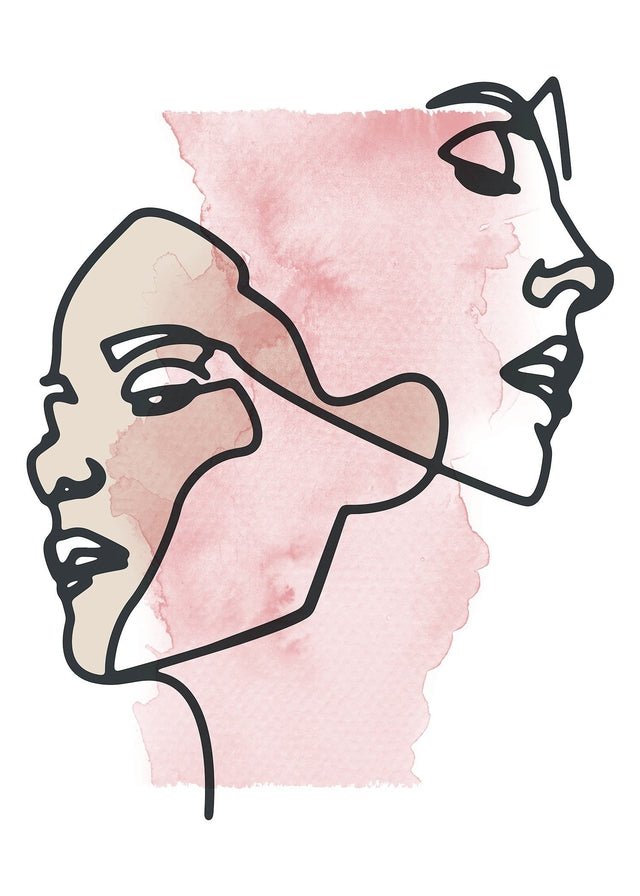Two Faces Line Art Watercolour Print