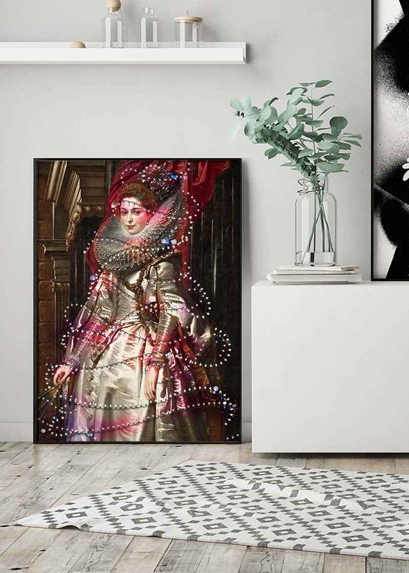 Portrait Wrapped in Fairy Lights Christmas Print