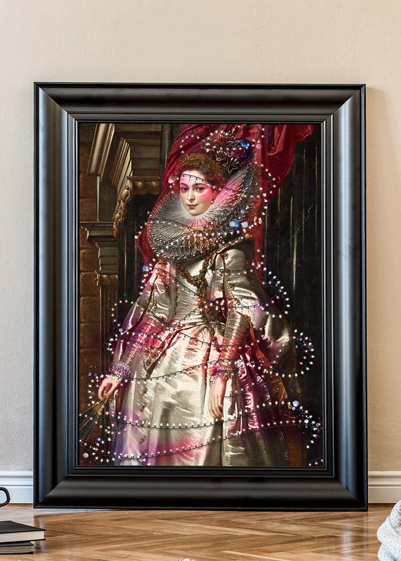Portrait Wrapped in Fairy Lights Christmas Print