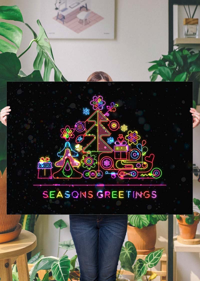 Seasons Greetings Neon Christmas Tree Print