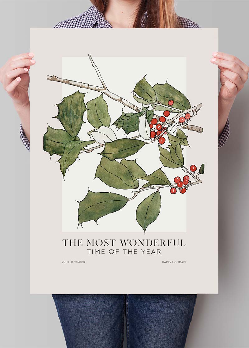 The Most Wonderful Time Of Year Holly Christmas Print