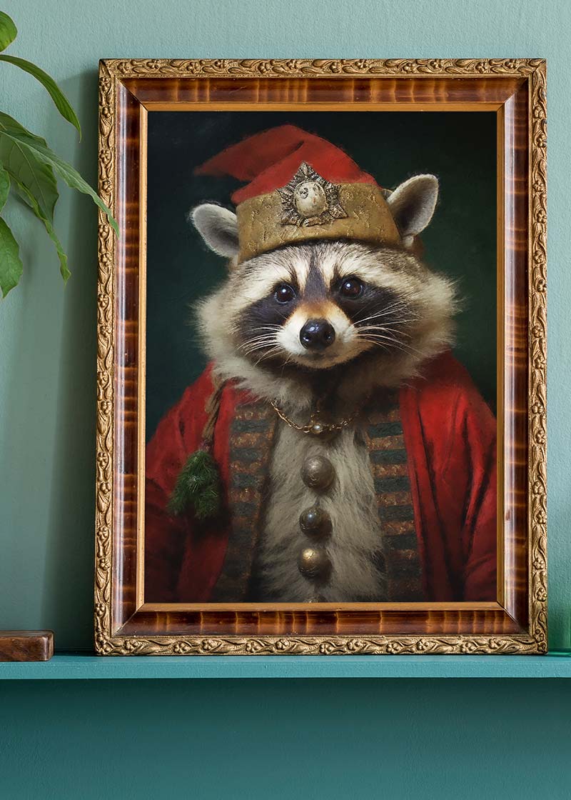 Christmas Racoon Animal Portrait Print