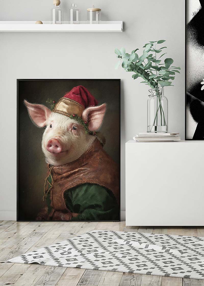 Christmas Pig Animal Portrait Print