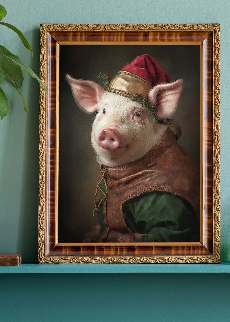 Christmas Pig Animal Portrait Print