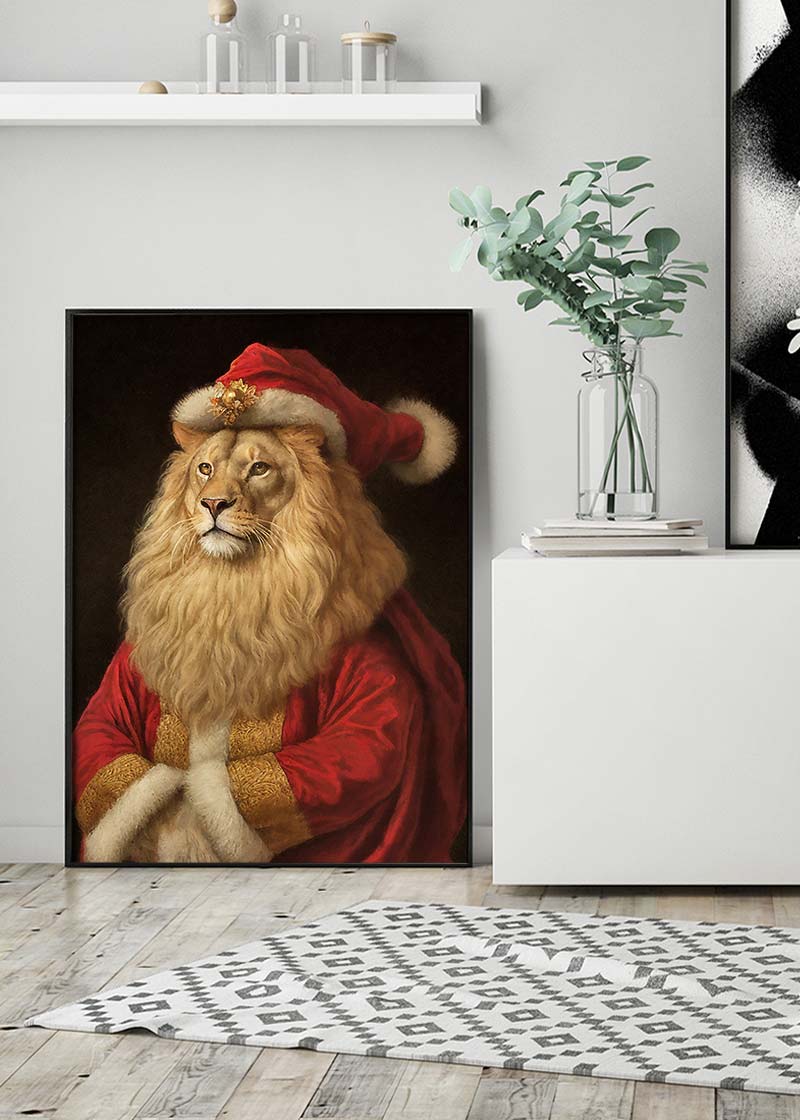 Christmas Lion Animal Portrait Print