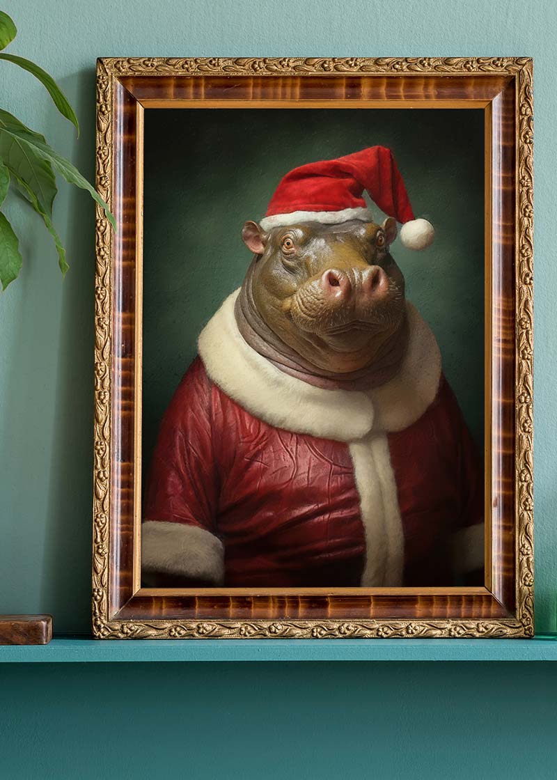 Christmas Hippo Animal Portrait Print