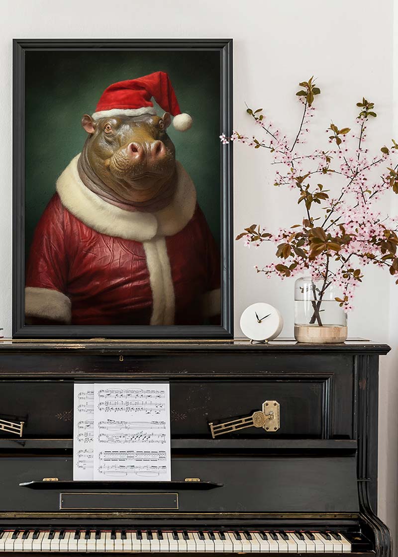 Christmas Hippo Animal Portrait Print