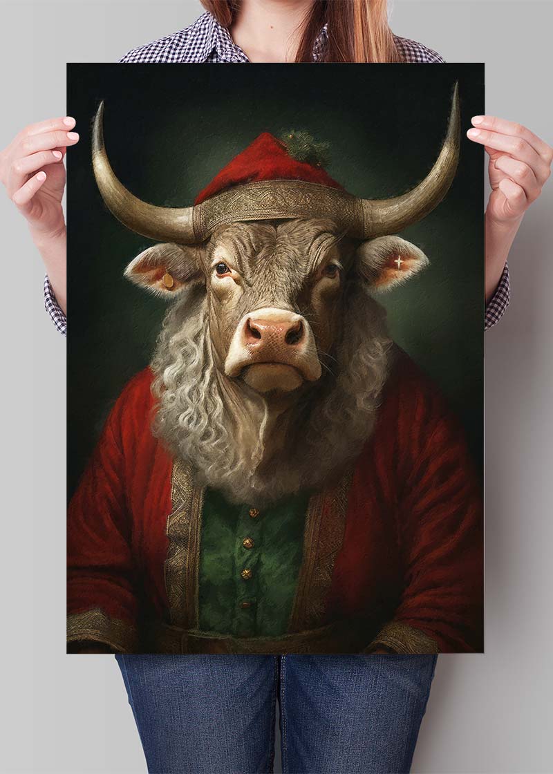 Christmas Bull Animal Portrait Print