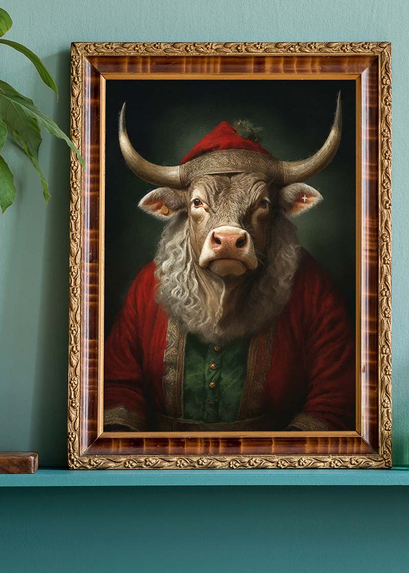 Christmas Bull Animal Portrait Print