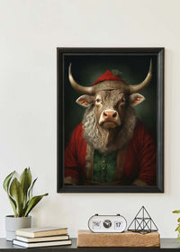 Christmas Bull Animal Portrait Print