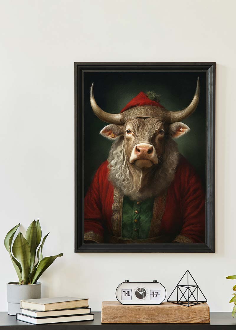 Christmas Bull Animal Portrait Print