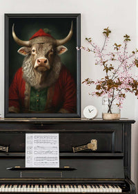 Christmas Bull Animal Portrait Print