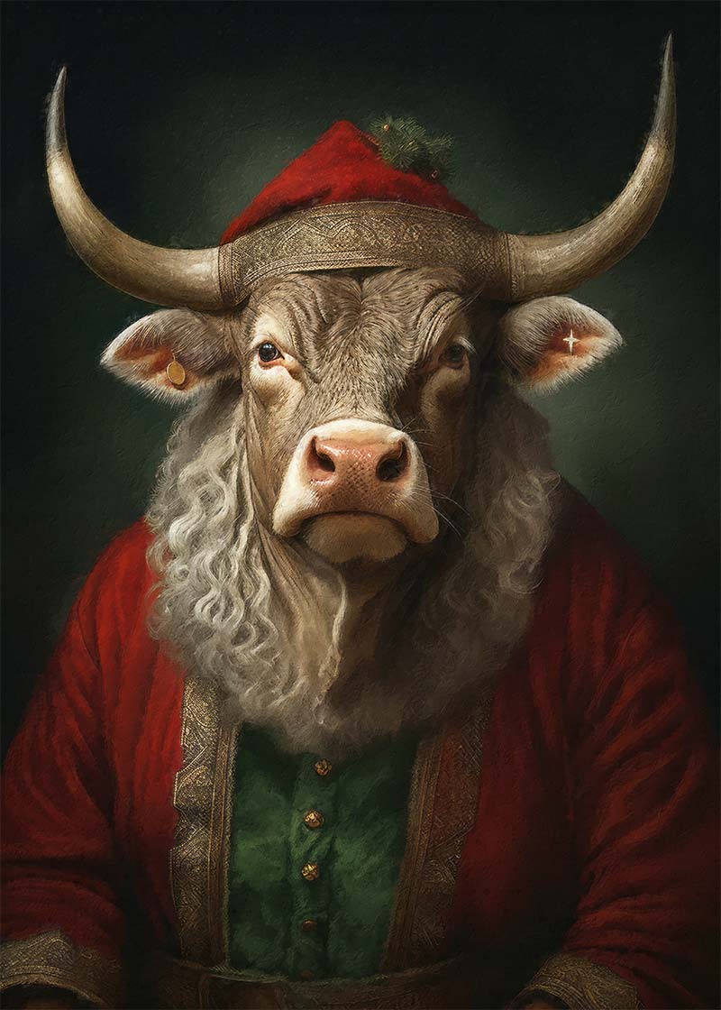 Christmas Bull Animal Portrait Print