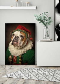 Christmas Elf Bulldog Animal Portrait Print