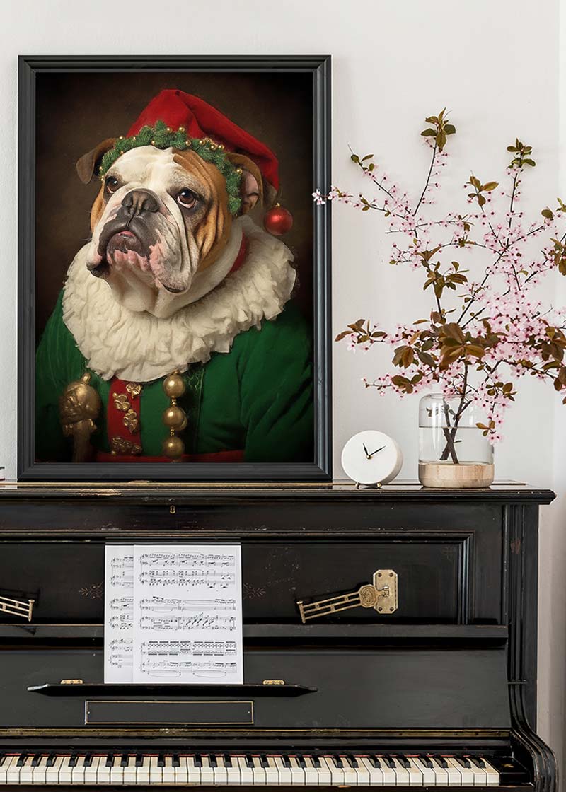 Christmas Elf Bulldog Animal Portrait Print