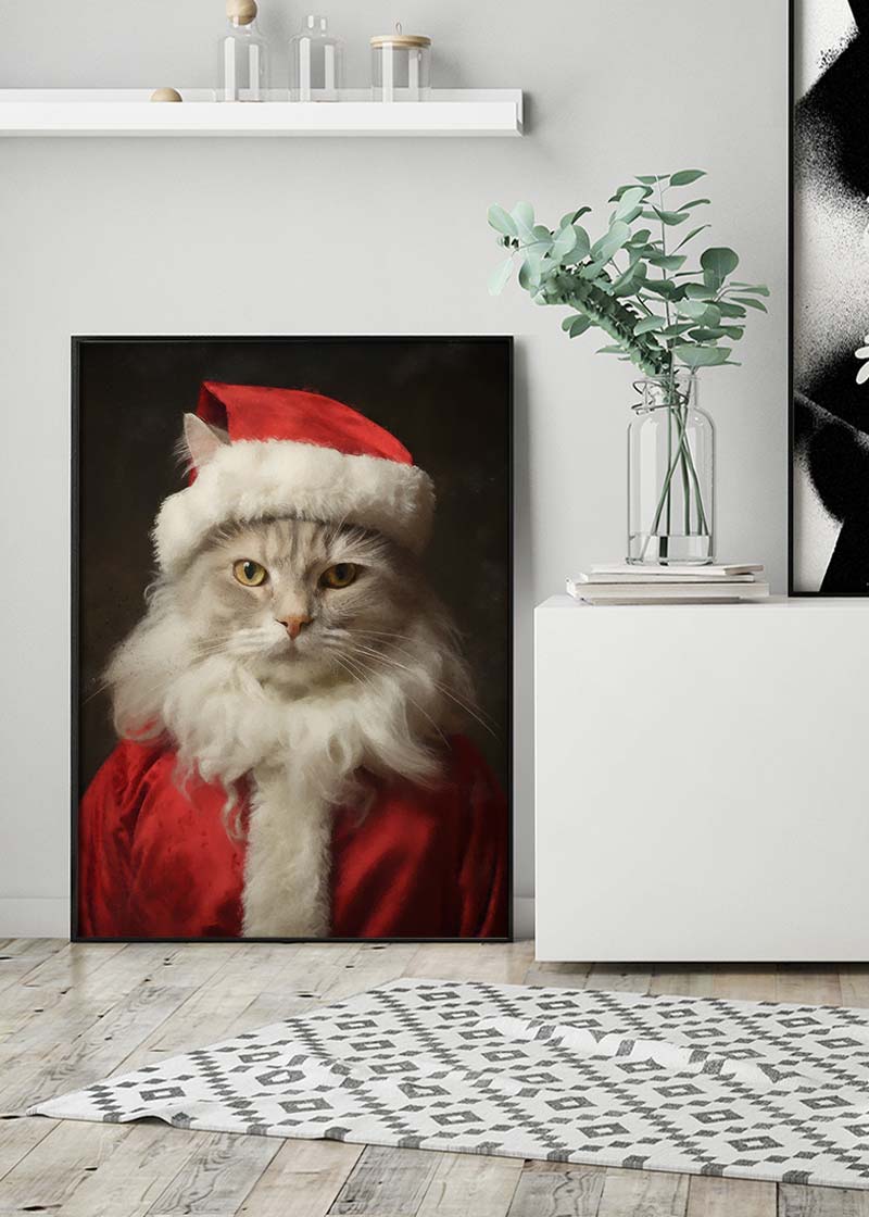 Christmas White Cat Animal Portrait Print