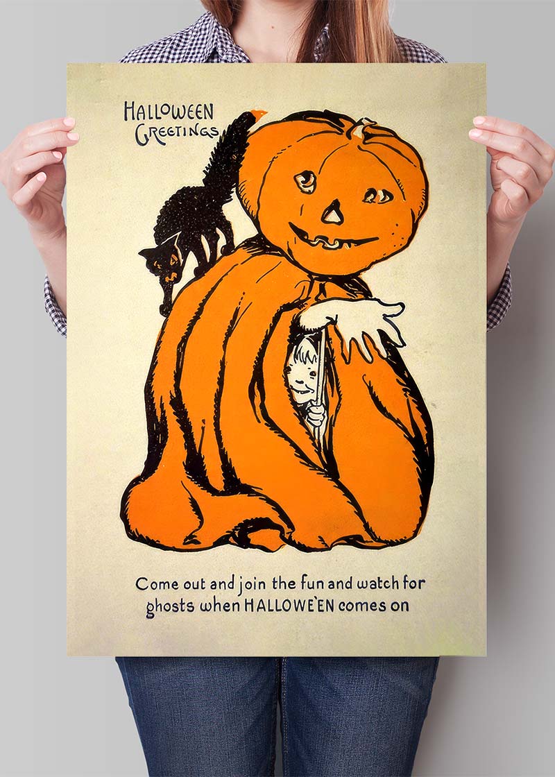 Vintage Pumpkin Cape Cat Halloween Print