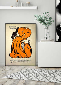 Vintage Pumpkin Cape Cat Halloween Print