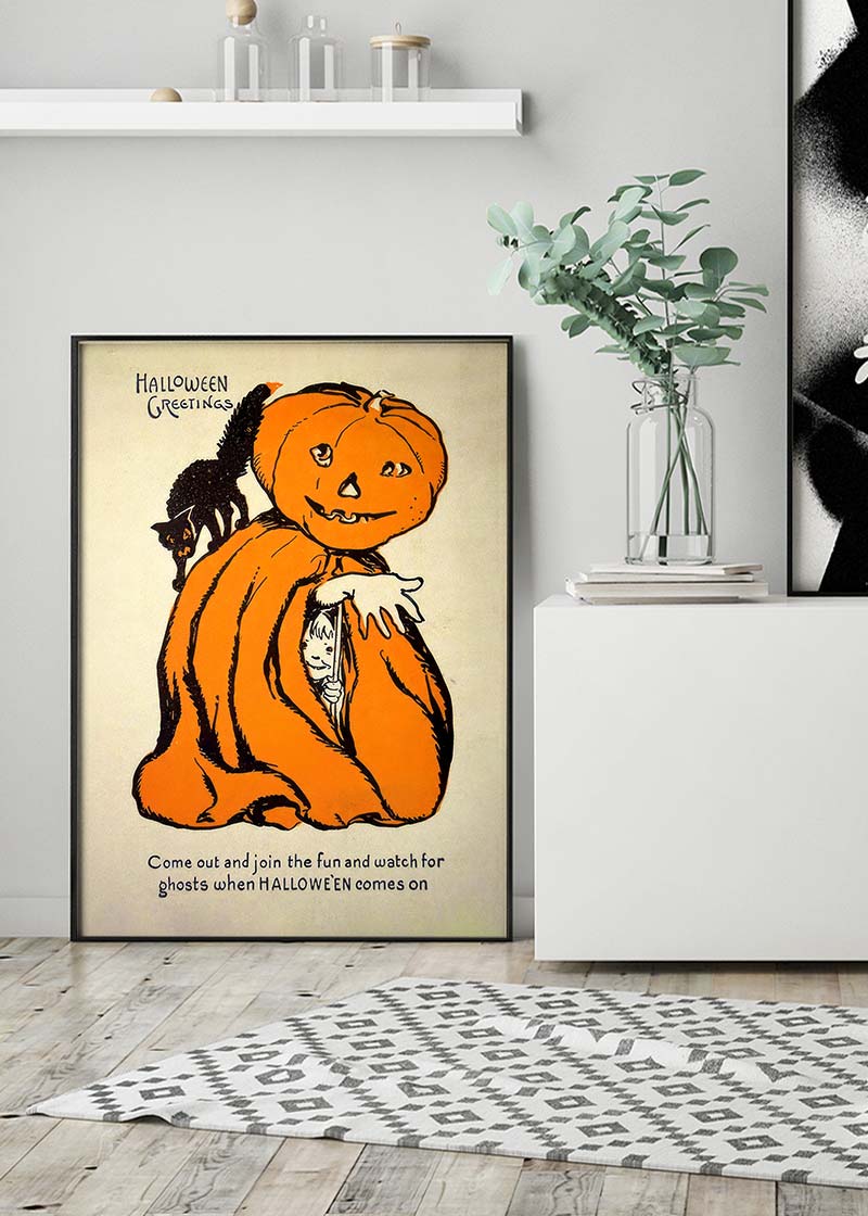 Vintage Pumpkin Cape Cat Halloween Print