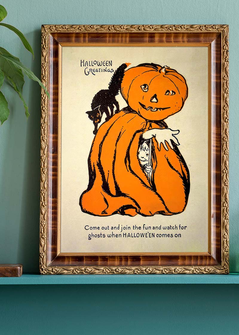 Vintage Pumpkin Cape Cat Halloween Print