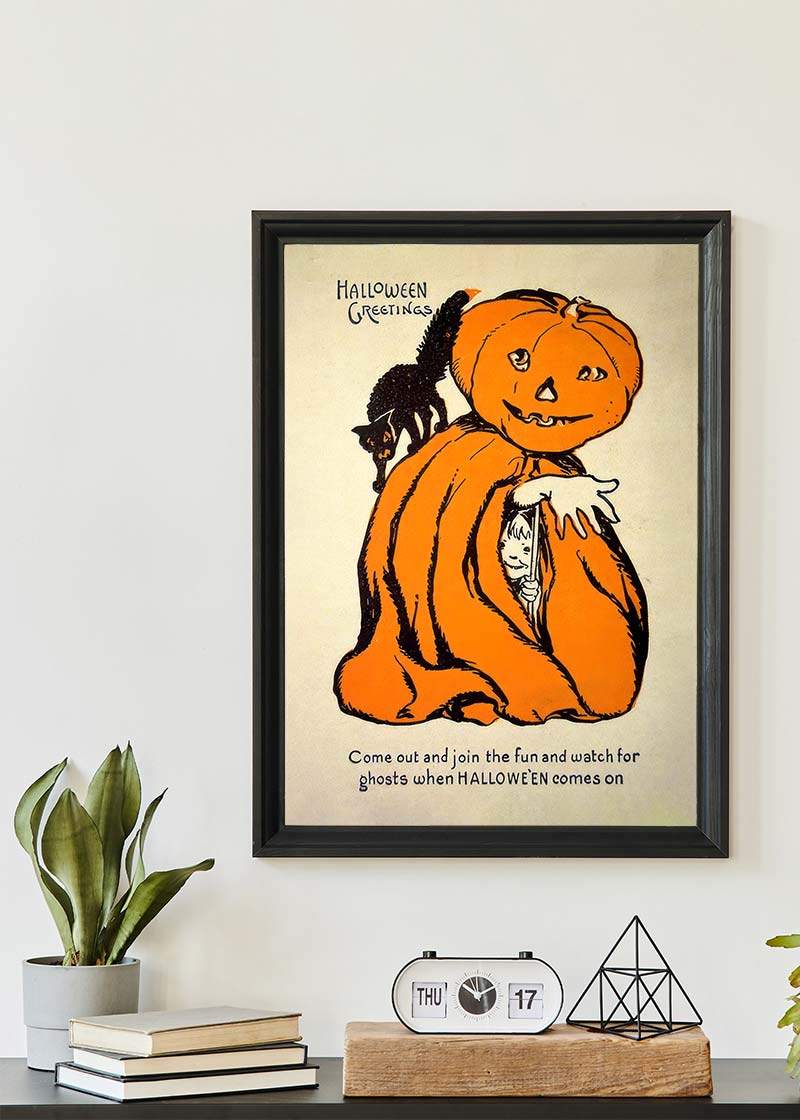 Vintage Pumpkin Cape Cat Halloween Print