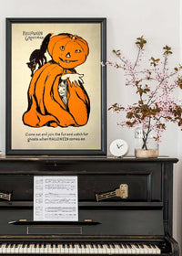 Vintage Pumpkin Cape Cat Halloween Print