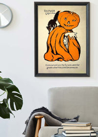 Vintage Pumpkin Cape Cat Halloween Print
