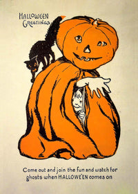 Vintage Pumpkin Cape Cat Halloween Print