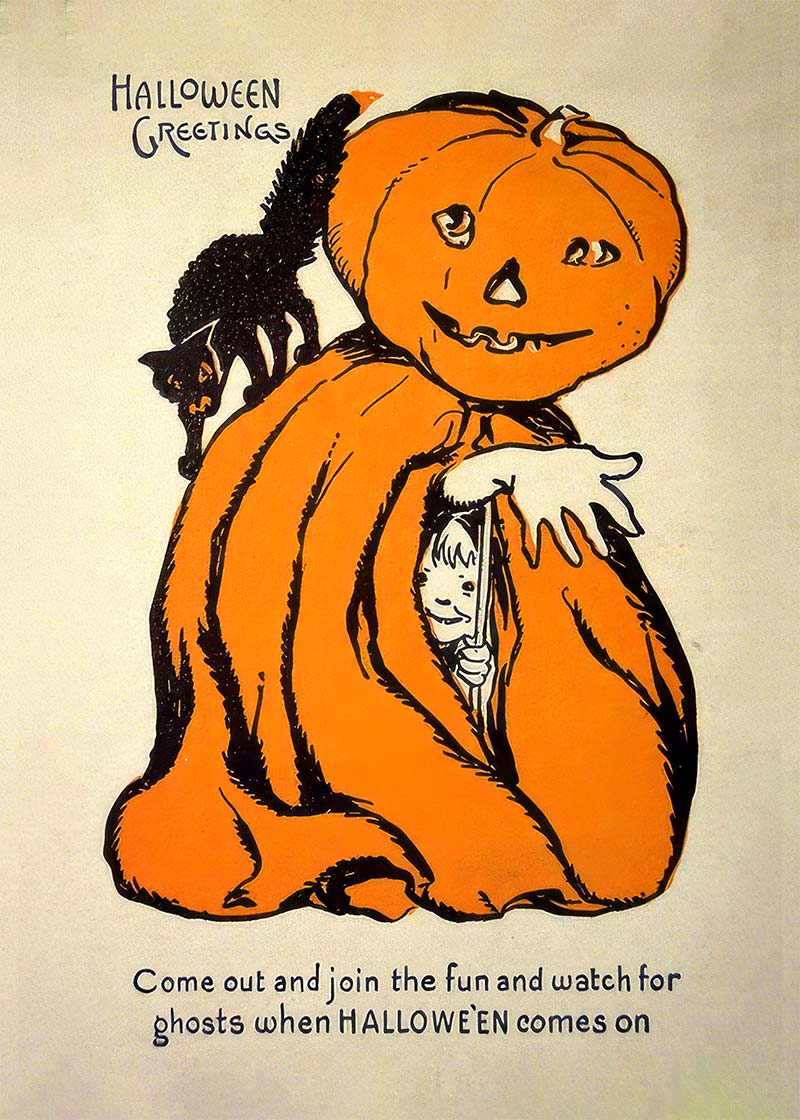 Vintage Pumpkin Cape Cat Halloween Print