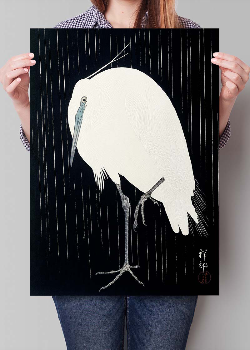 Egret Heron in the Rain by Ohara Koson