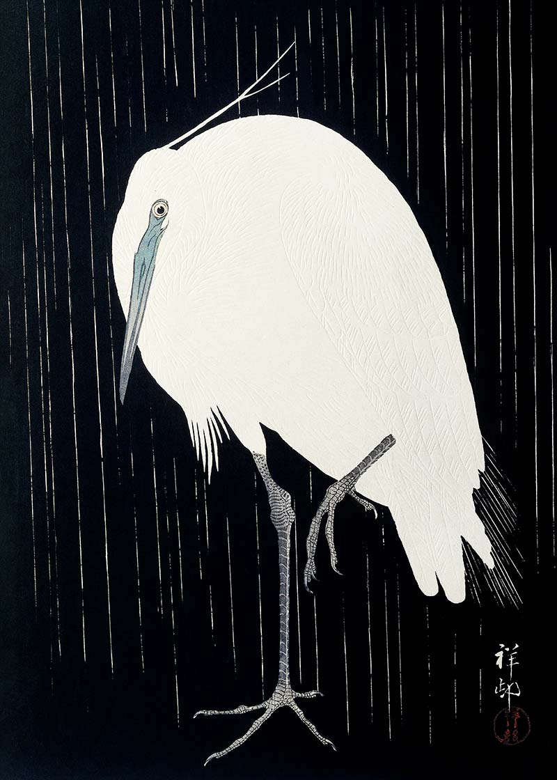 Egret Heron in the Rain by Ohara Koson