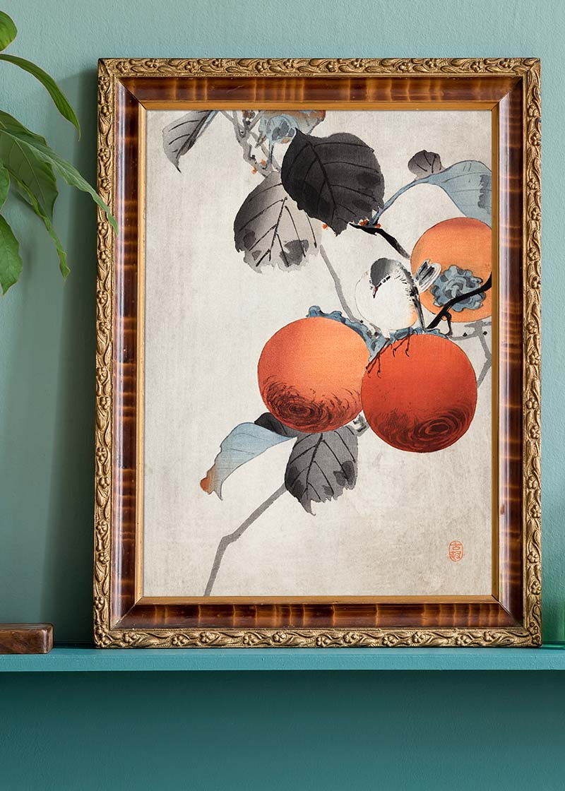 Nuthatcher atop Persimmons by Ohara Koson