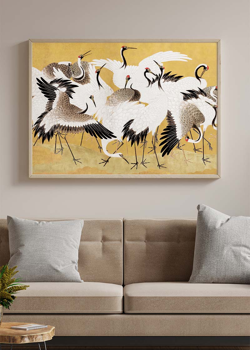 Japanese flock of cranes vintage painting by Ishida Yūtei