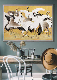 Japanese flock of cranes vintage painting by Ishida Yūtei