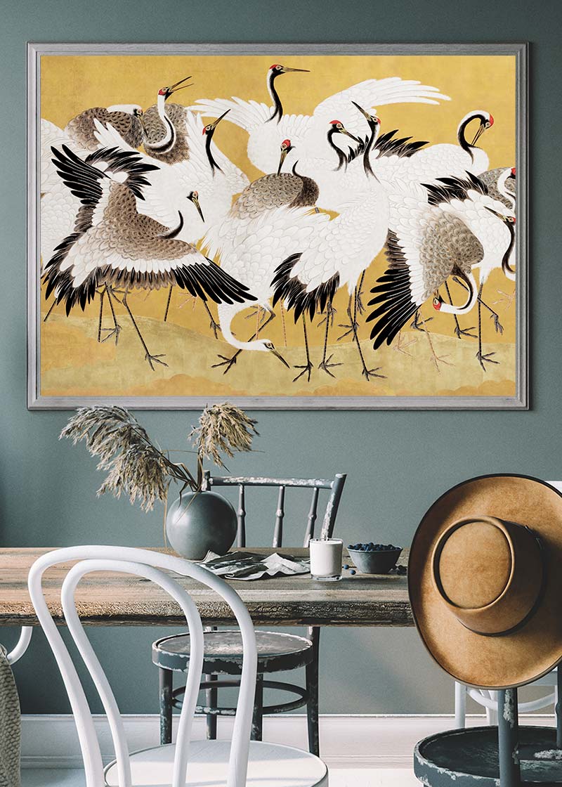 Japanese flock of cranes vintage painting by Ishida Yūtei