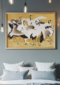 Japanese flock of cranes vintage painting by Ishida Yūtei