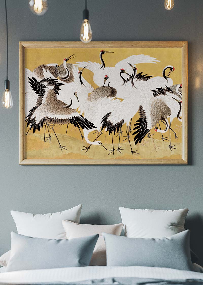 Japanese flock of cranes vintage painting by Ishida Yūtei