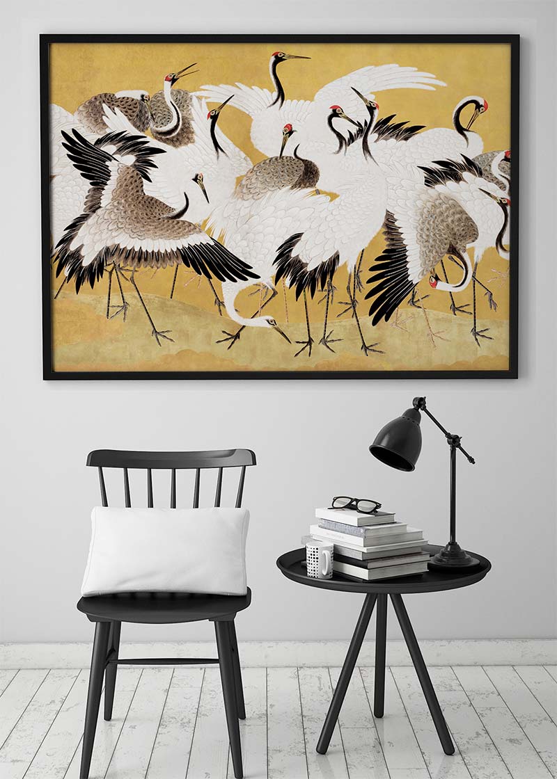 Japanese flock of cranes vintage painting by Ishida Yūtei