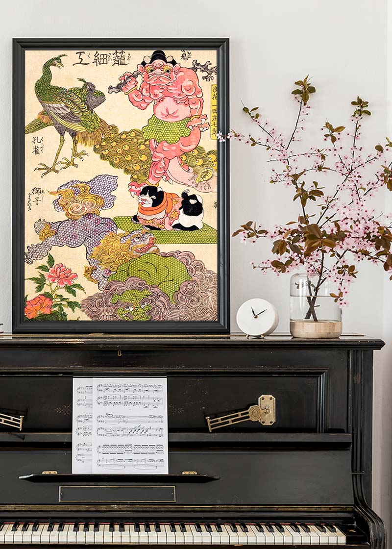 Oni, Peacock, Shishi, Cat and Insect by the Craftman Ichida Shoshichiro