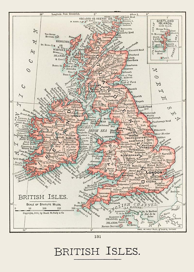 A cartographic map of the British Isles published in 1900